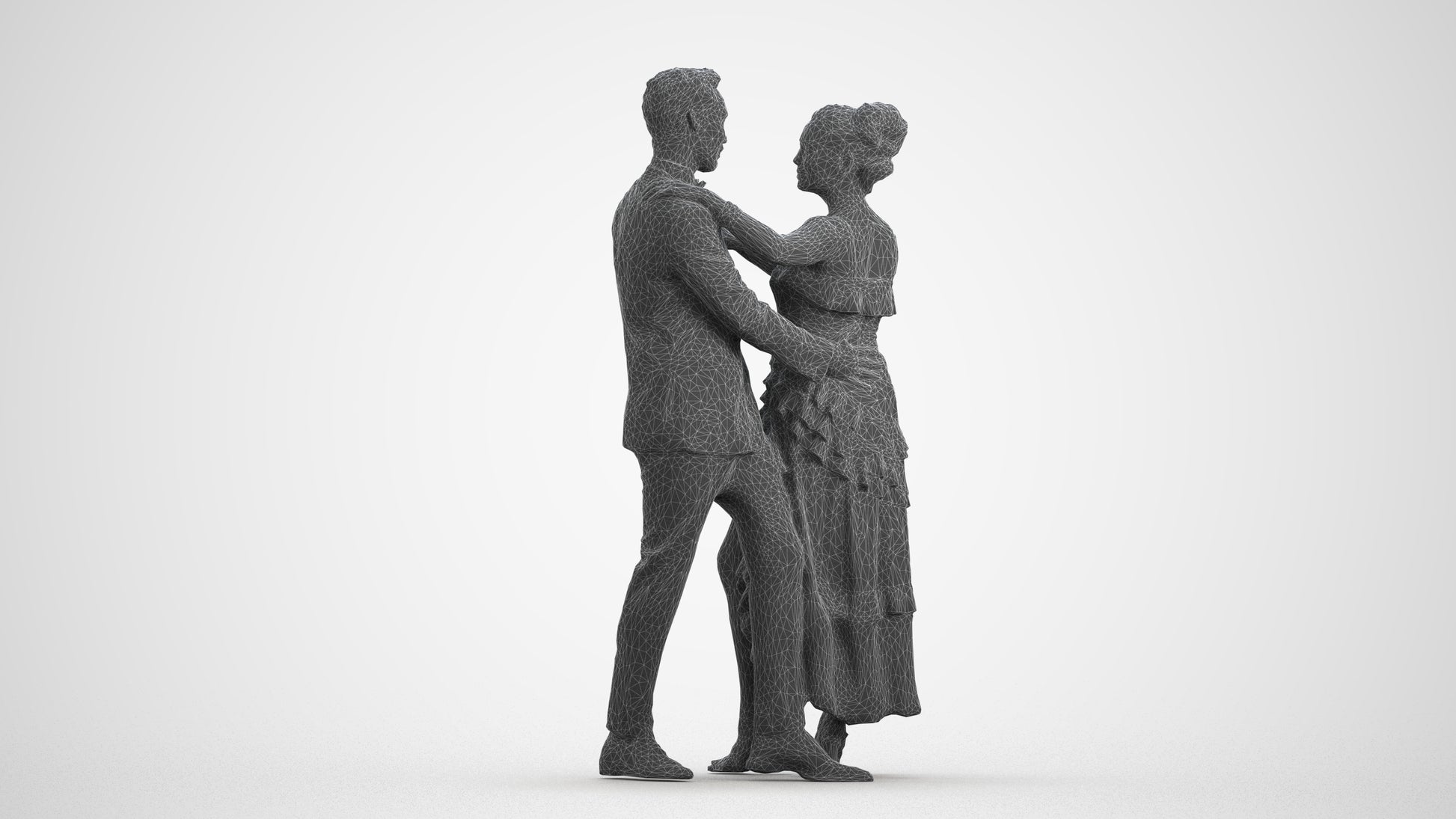 3D human model woman formal dancing, photogrammetry scanned person for archviz, wireframe front view