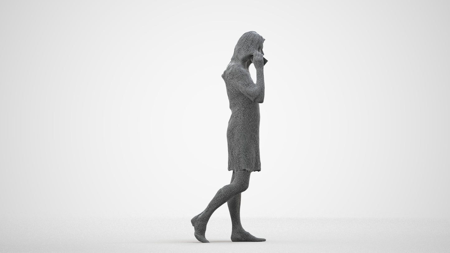 3D human model senior woman casual walking, photogrammetry scanned person for archviz, wireframe side view
