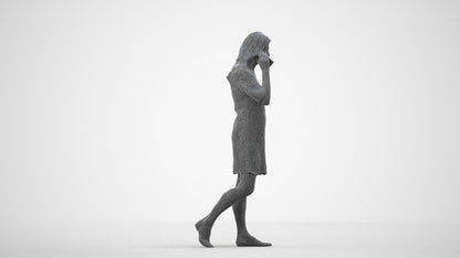 3D human model senior woman casual walking, photogrammetry scanned person for archviz, wireframe side view