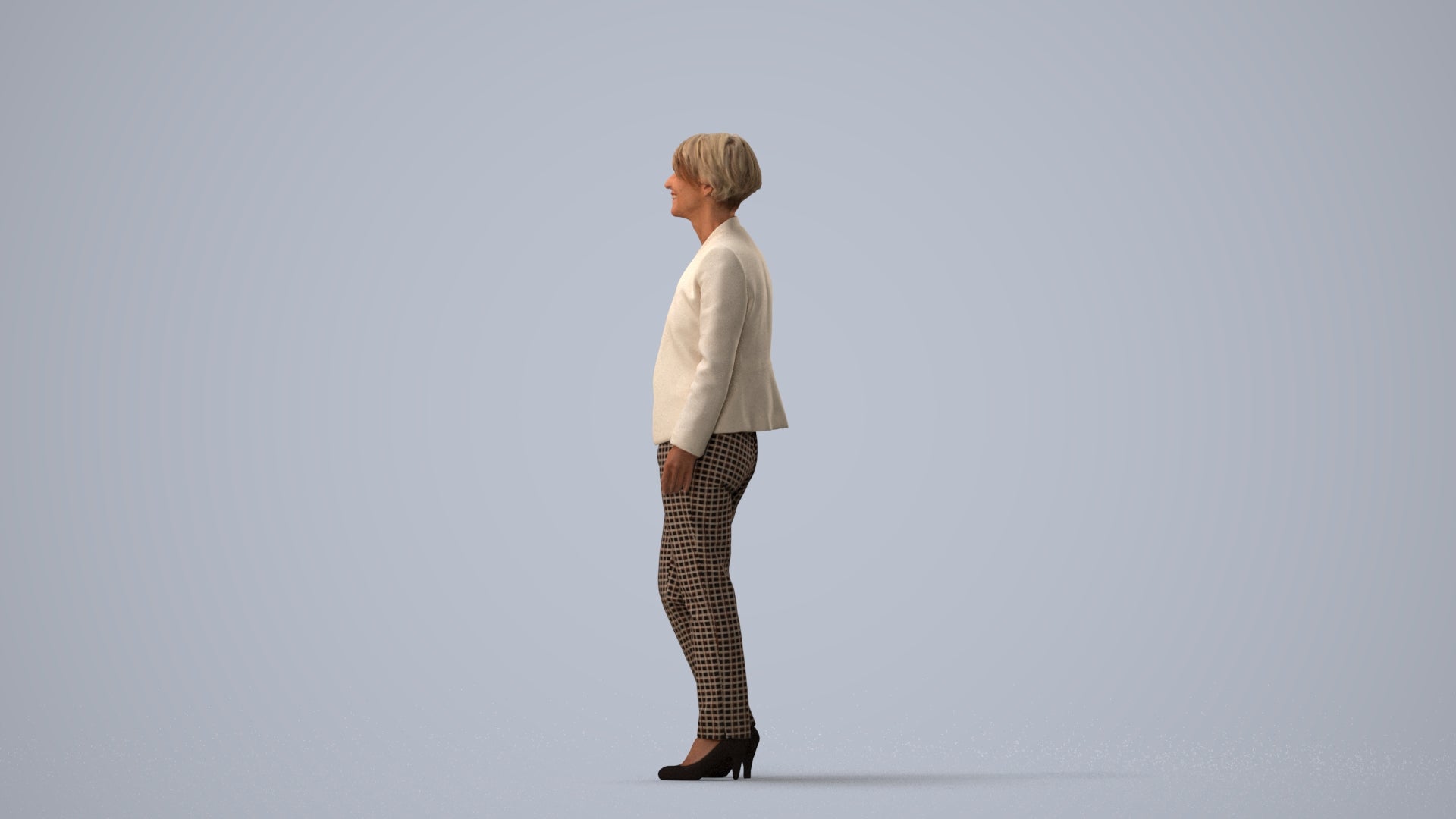 scanned 3D senior woman business standing, photogrammetry people for Enscape and V-Ray, three-quarter view render