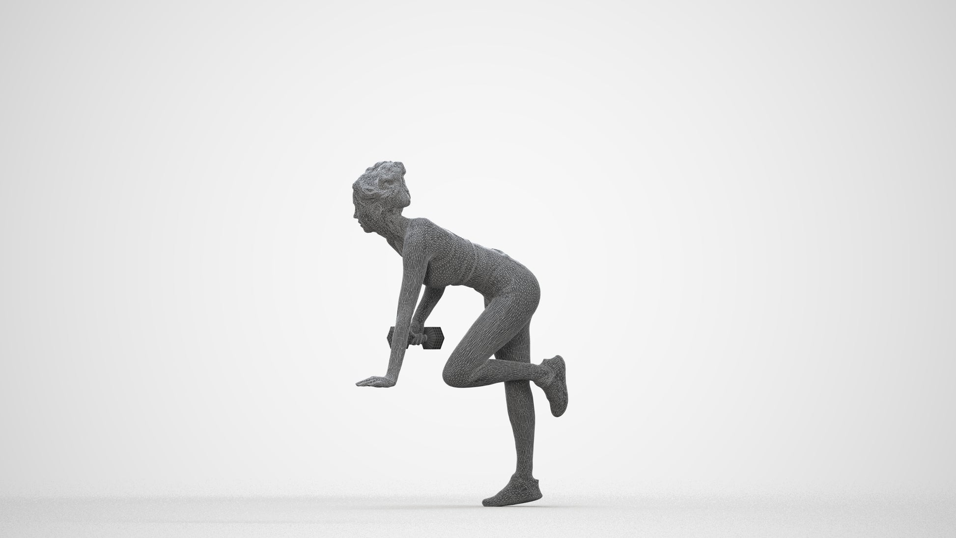 3D human model woman sport, photogrammetry scanned person for archviz, wireframe back view