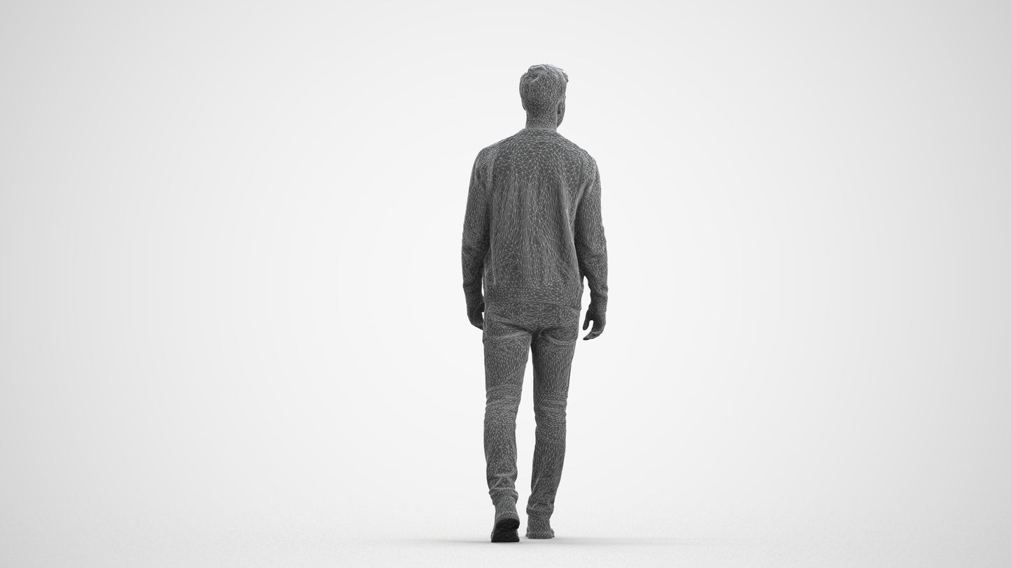 realistic 3D human man casual walking, archviz people FBX OBJ for Blender, wireframe front view