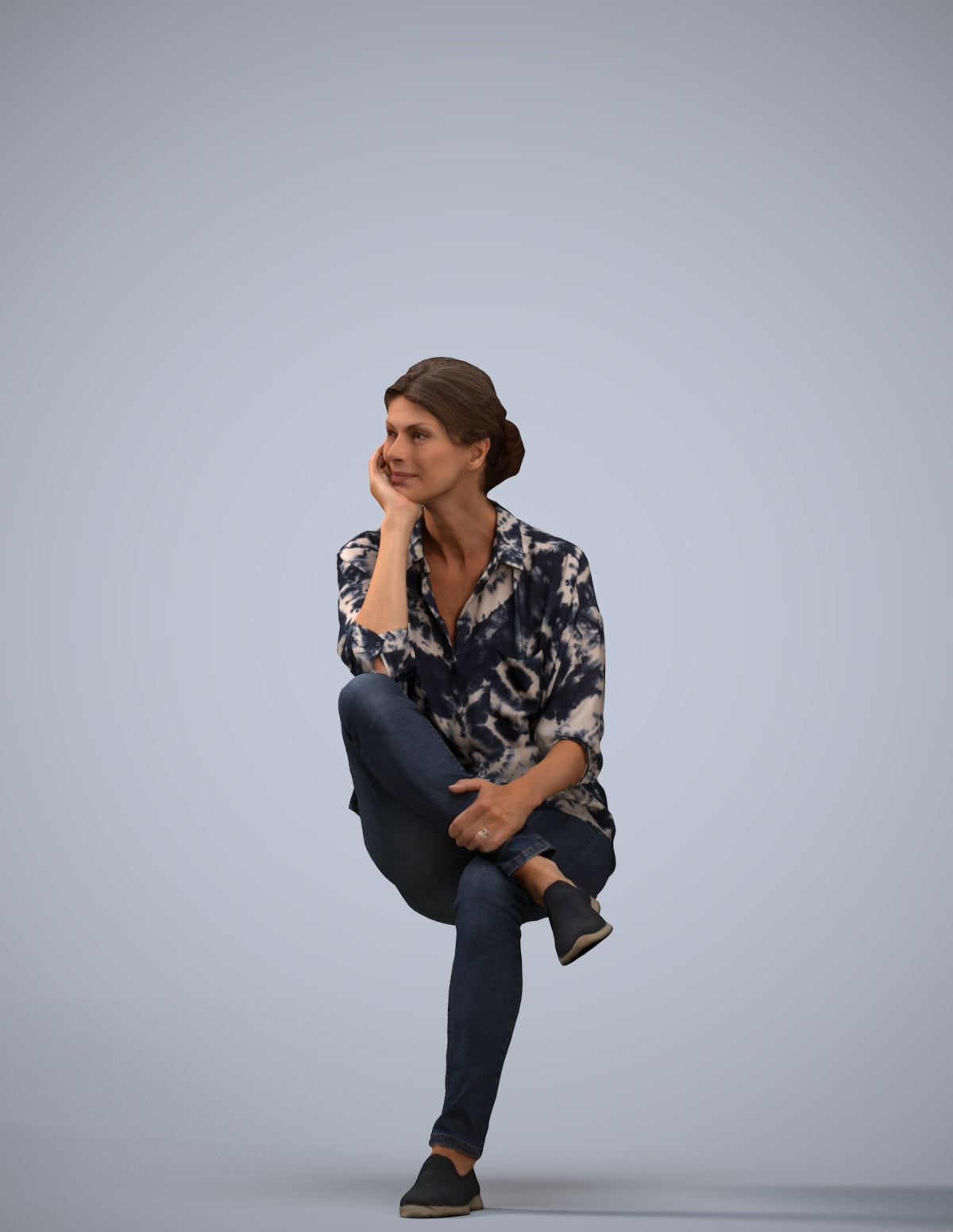 scanned 3D woman casual sitting, photogrammetry people for Enscape and V-Ray