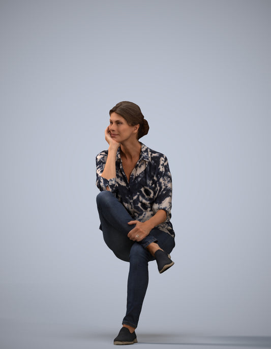 scanned 3D woman casual sitting, photogrammetry people for Enscape and V-Ray