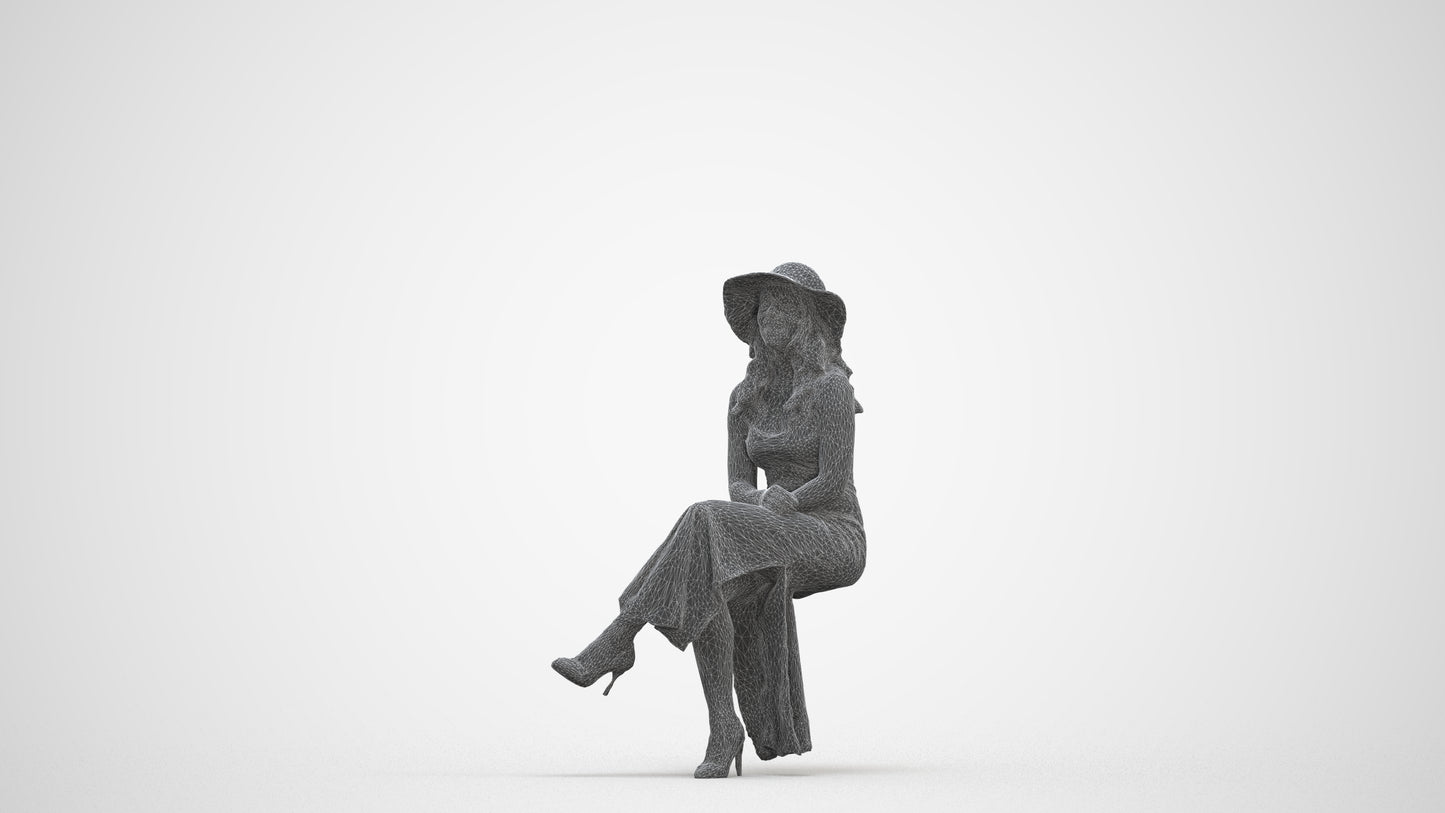 scanned 3D woman casual sitting, photogrammetry people for Enscape and V-Ray, three-quarter front view render