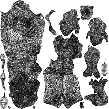 3D human model woman casual sitting, photogrammetry scanned person for archviz, wireframe top-down view