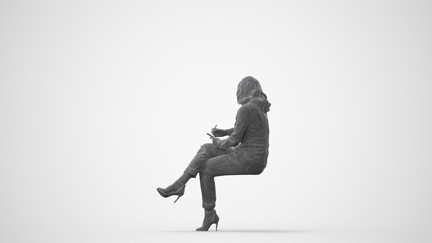 realistic 3D human woman casual sitting, archviz people FBX OBJ for Blender, square thumbnail