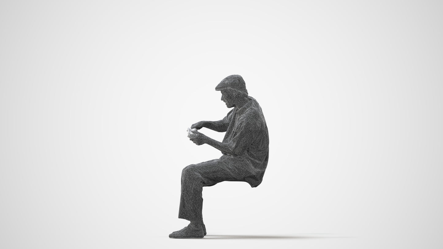 3D human model man casual sitting, photogrammetry scanned person for archviz, square thumbnail