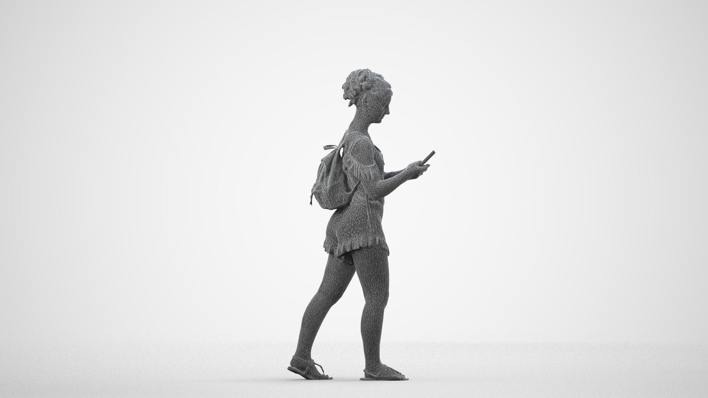 3D people model girl casual kids, scanned human for 3ds Max rendering, wireframe side view