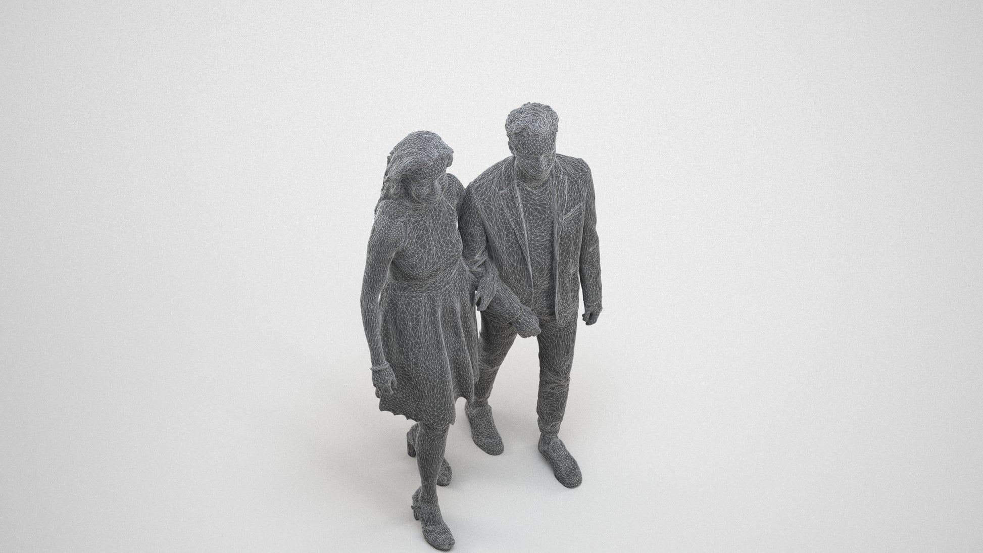 realistic 3D people woman formal couple, render-ready for V-Ray and Corona, FBX OBJ, wireframe three-quarter view