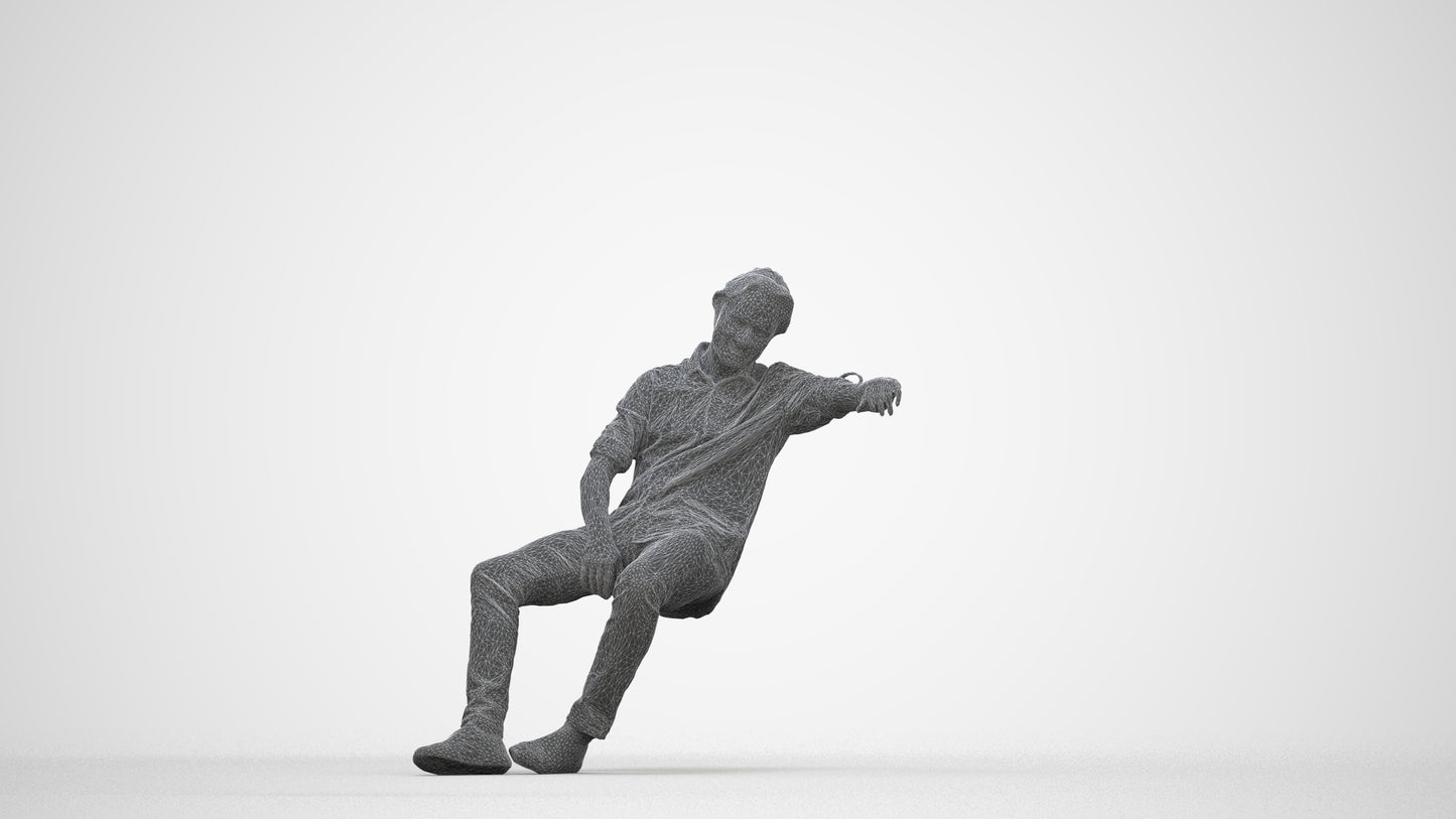 3D human model man casual sitting, photogrammetry scanned person for archviz, wireframe back view