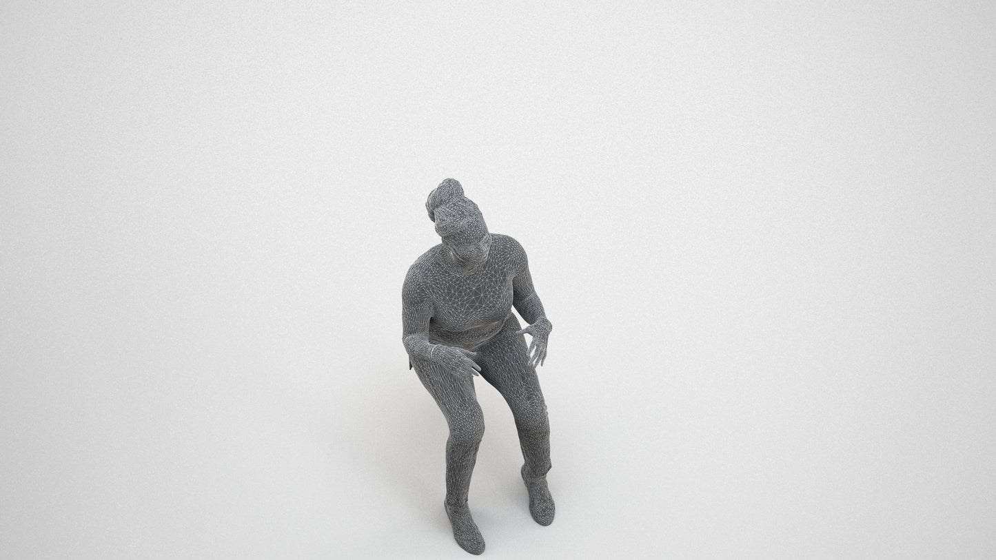 scanned 3D woman casual sitting, photogrammetry people for Enscape and V-Ray, wireframe three-quarter view