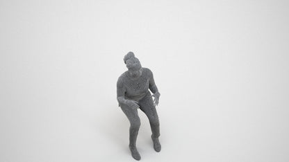 scanned 3D woman casual sitting, photogrammetry people for Enscape and V-Ray, wireframe three-quarter view