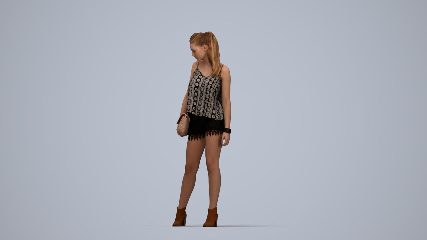 3D scanned girl standing casual, photorealistic archviz people for Enscape and SketchUp, top-down view render