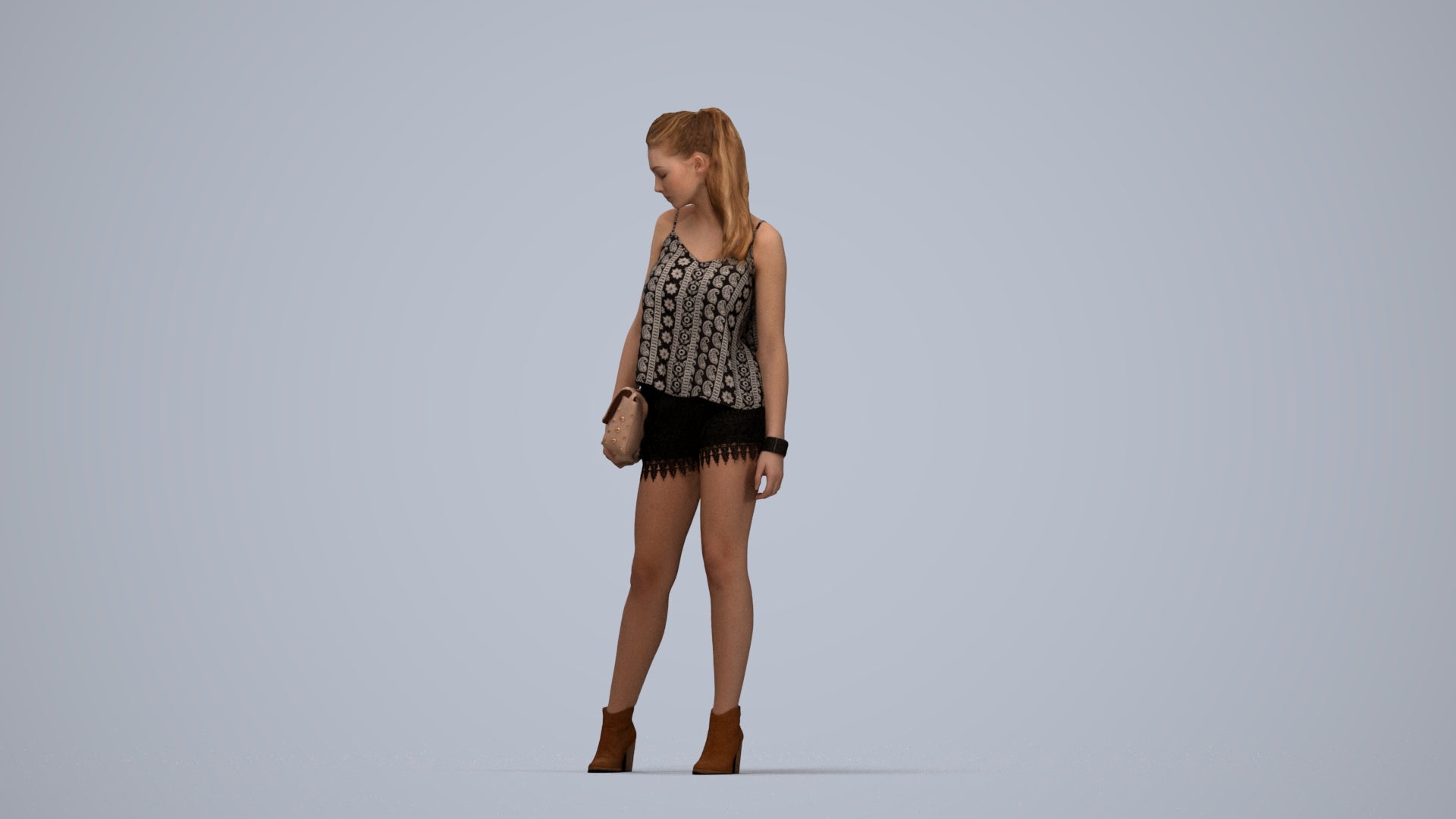 3D scanned girl standing casual, photorealistic archviz people for Enscape and SketchUp, top-down view render