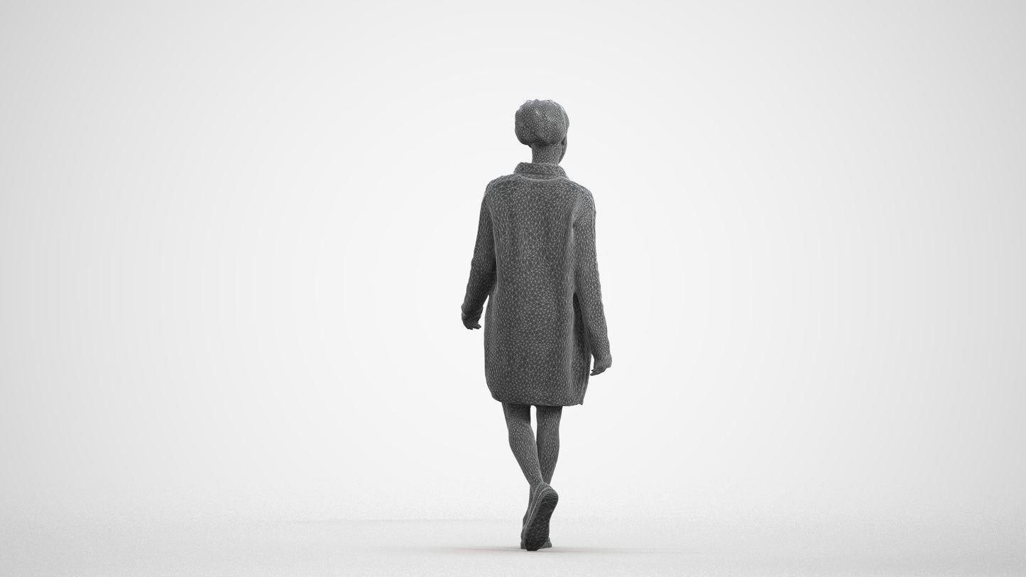 3D scanned woman walking casual, photorealistic archviz people for Enscape and SketchUp, wireframe front view