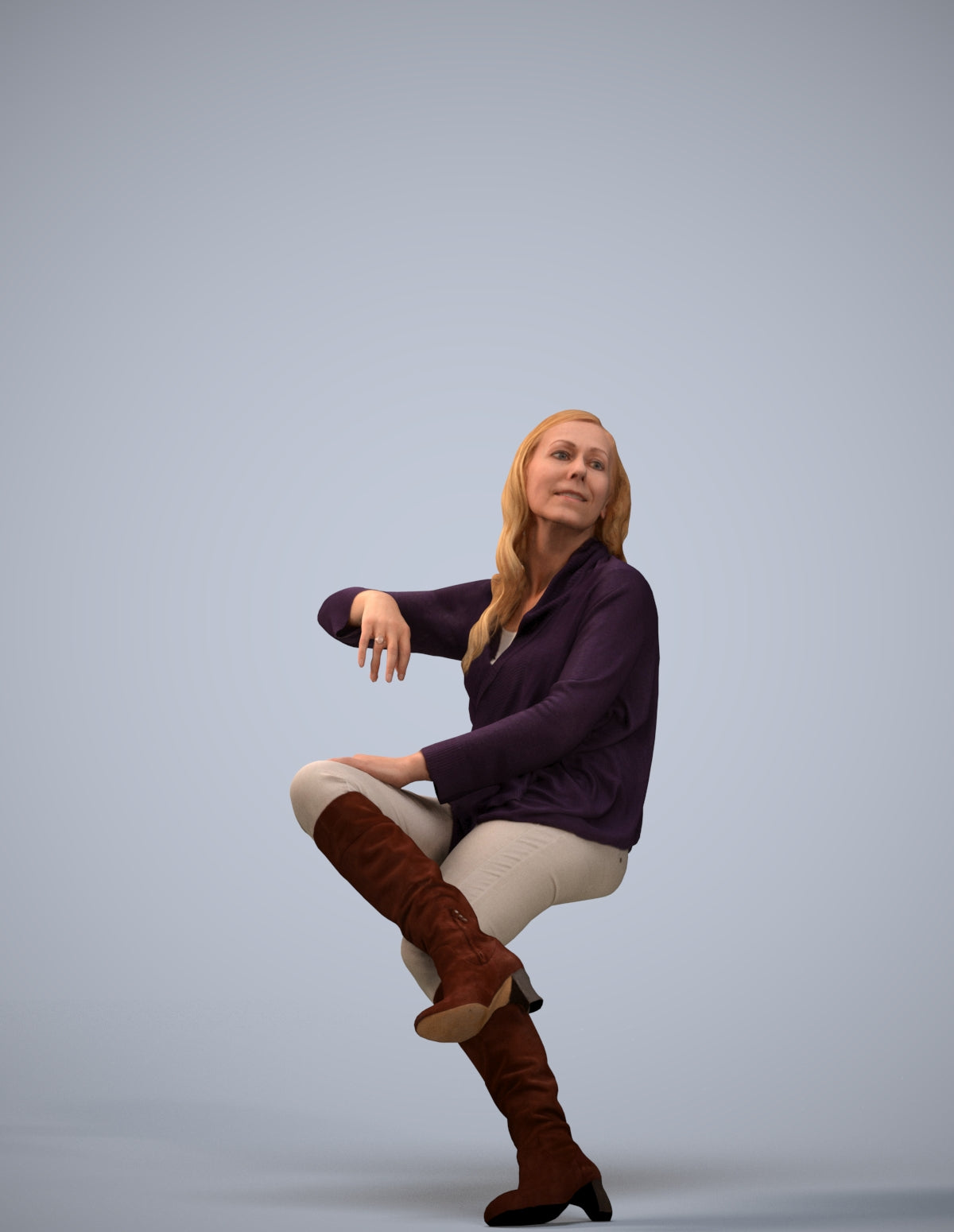 3D human model woman casual sitting, photogrammetry scanned person for archviz