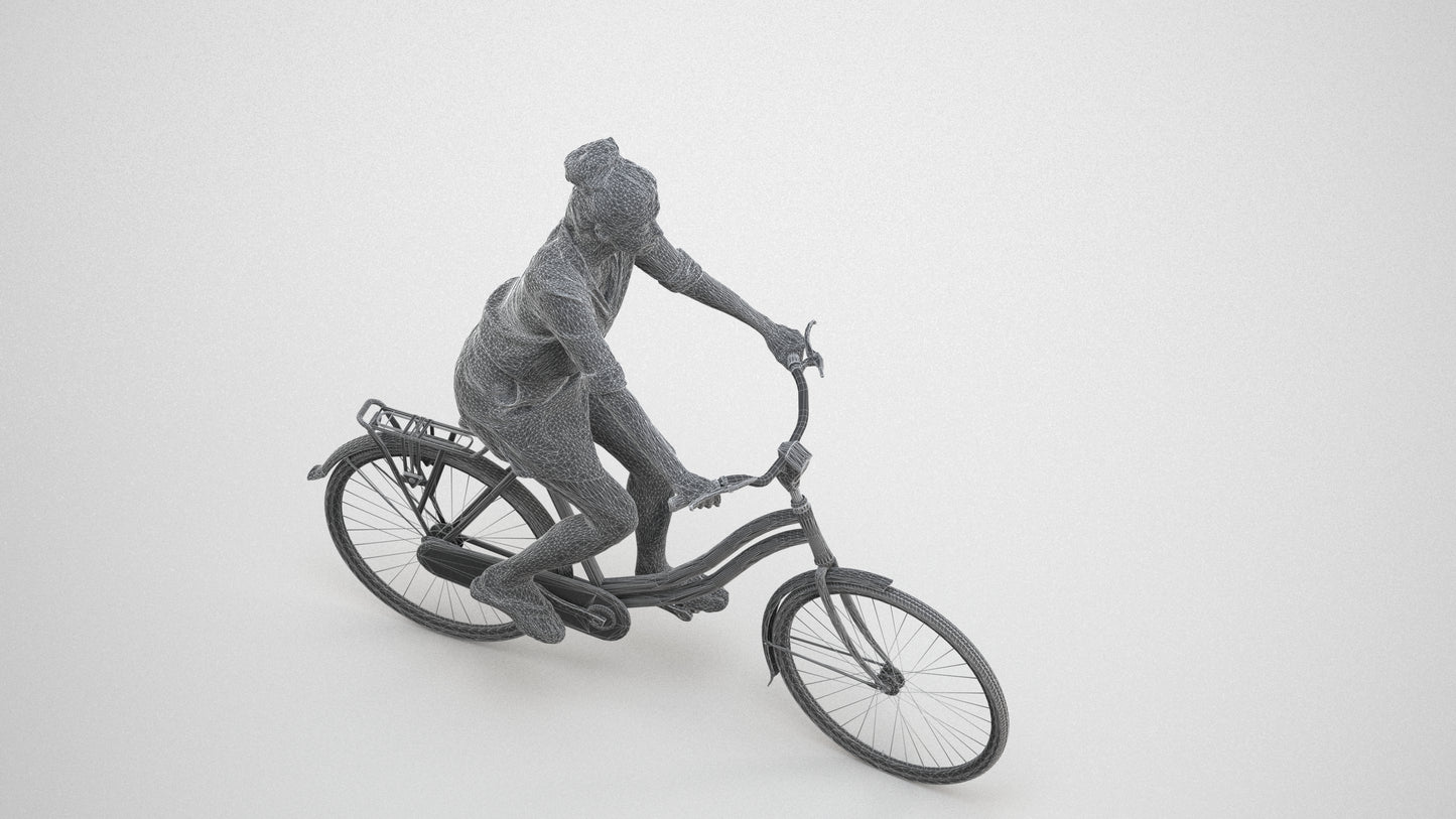 realistic 3D human woman casual cycling, archviz people FBX OBJ for Blender, wireframe three-quarter view