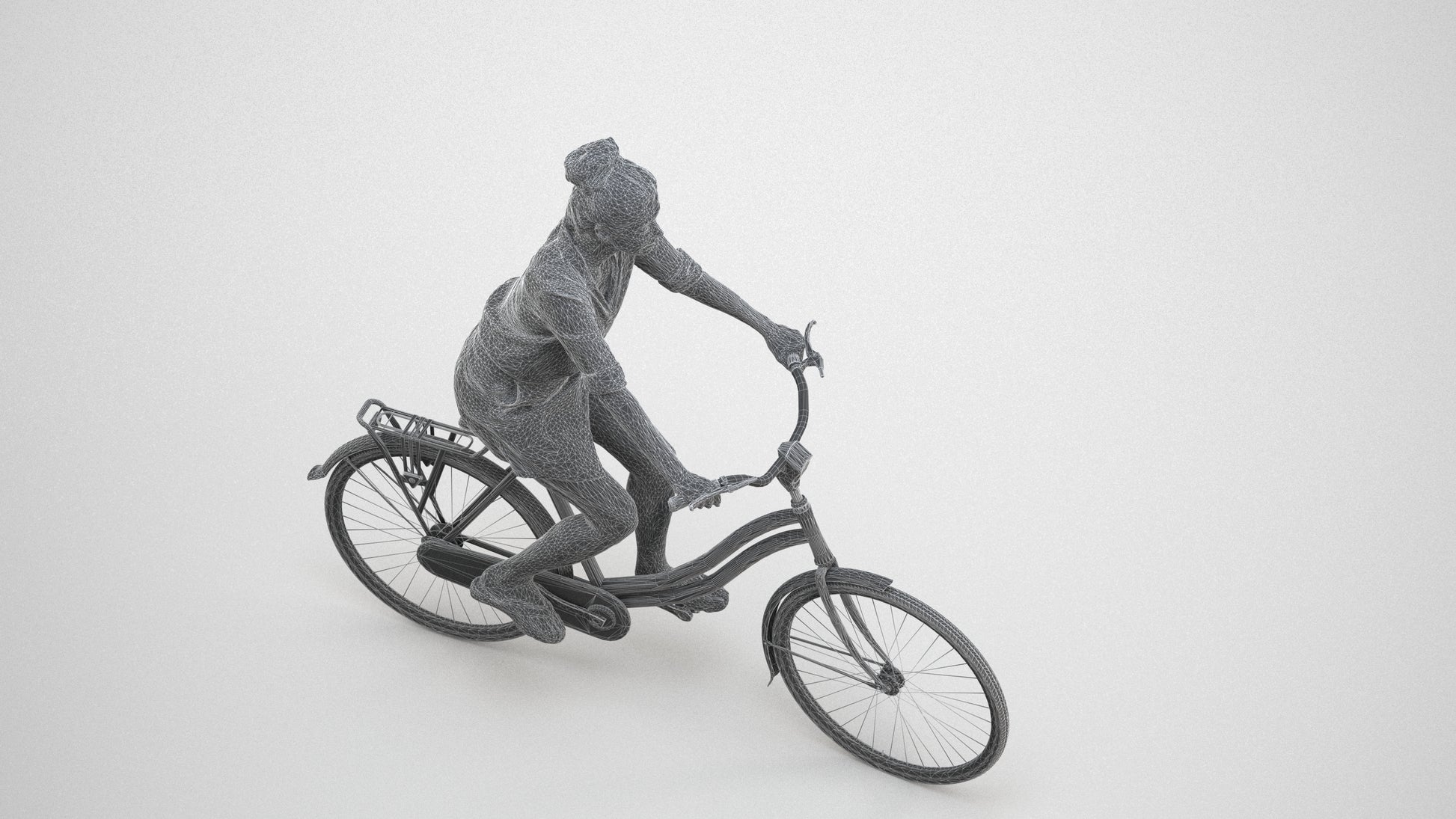 realistic 3D human woman casual cycling, archviz people FBX OBJ for Blender, wireframe three-quarter view