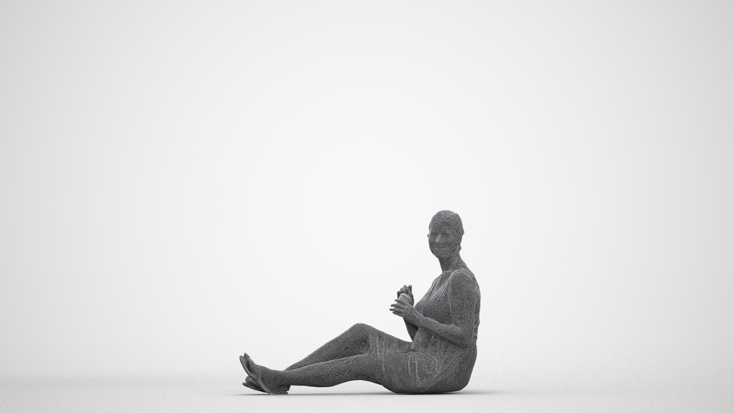 scanned 3D woman casual sitting, photogrammetry people for Enscape and V-Ray, three-quarter front view render