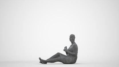 scanned 3D woman casual sitting, photogrammetry people for Enscape and V-Ray, three-quarter front view render