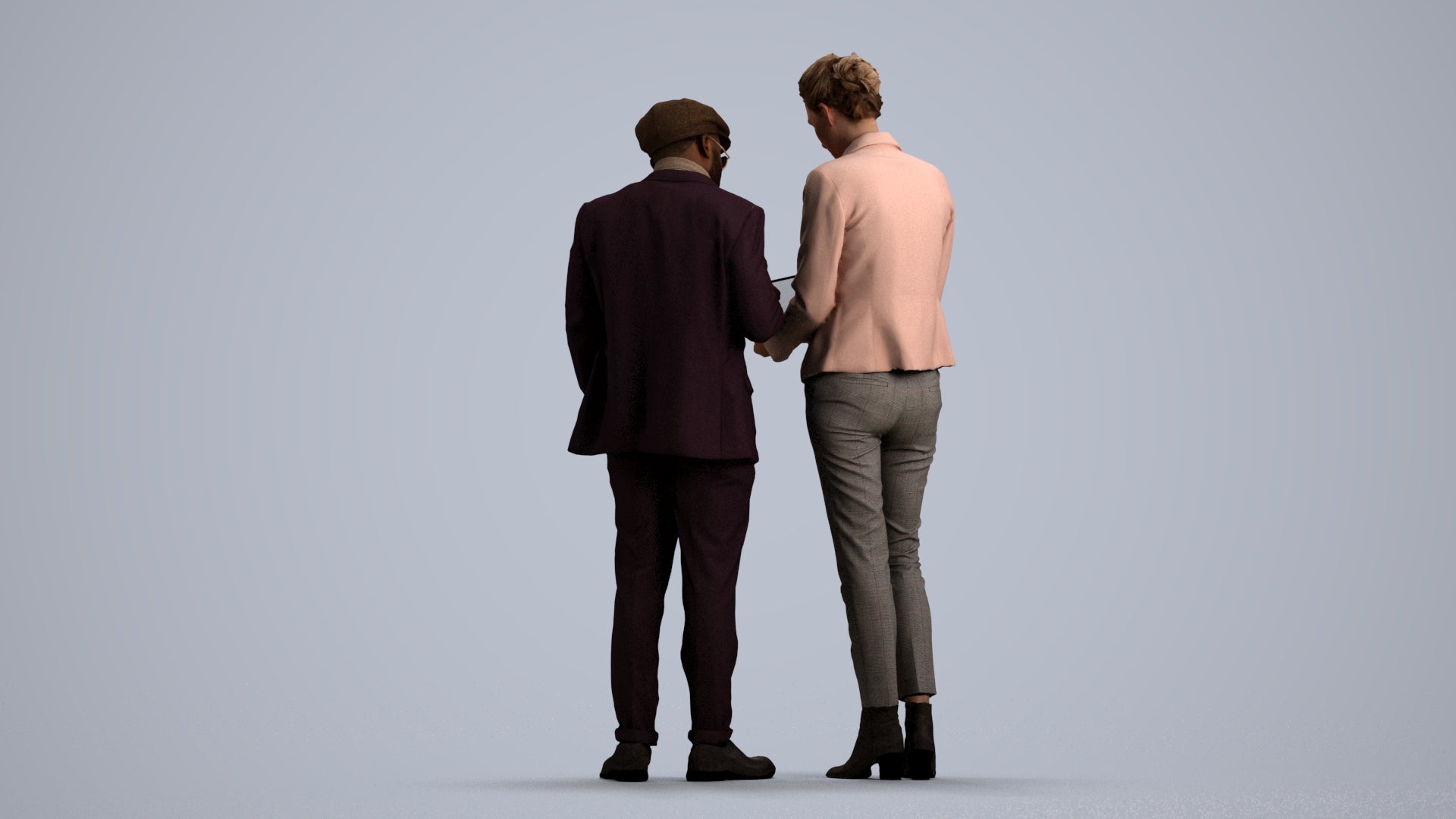 realistic 3D human woman business couple, archviz people FBX OBJ for Blender, front view render