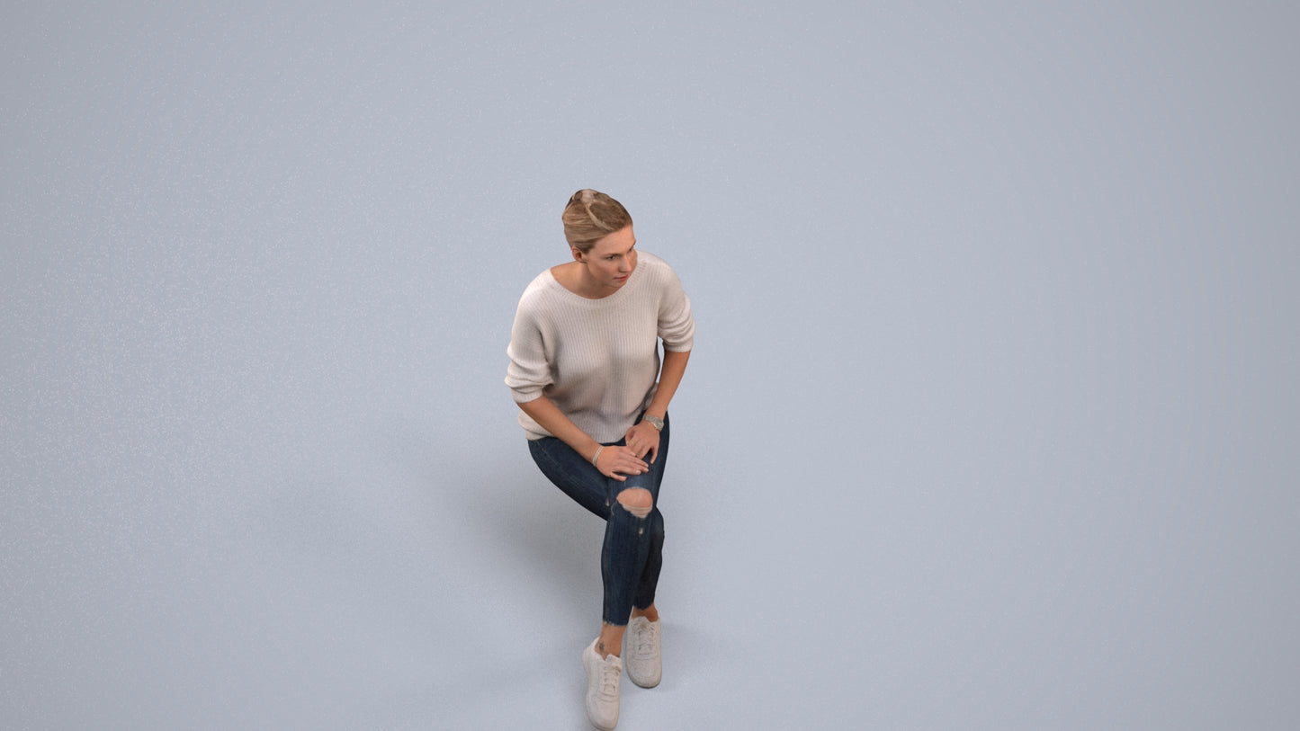 realistic 3D people woman casual sitting, render-ready for V-Ray and Corona, FBX OBJ, back view render