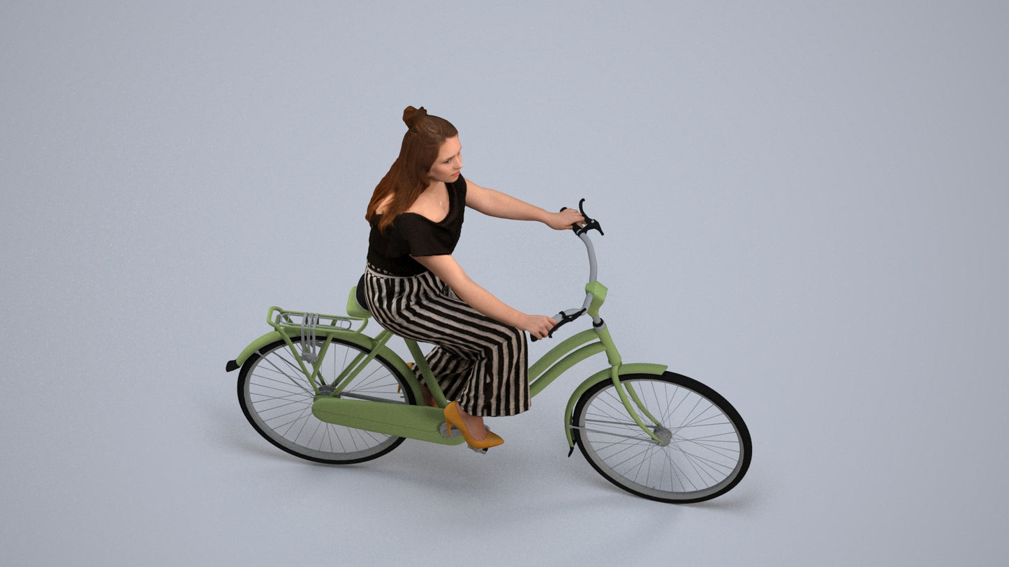 photogrammetry 3D woman casual cycling, realistic human model archviz FBX, back view render