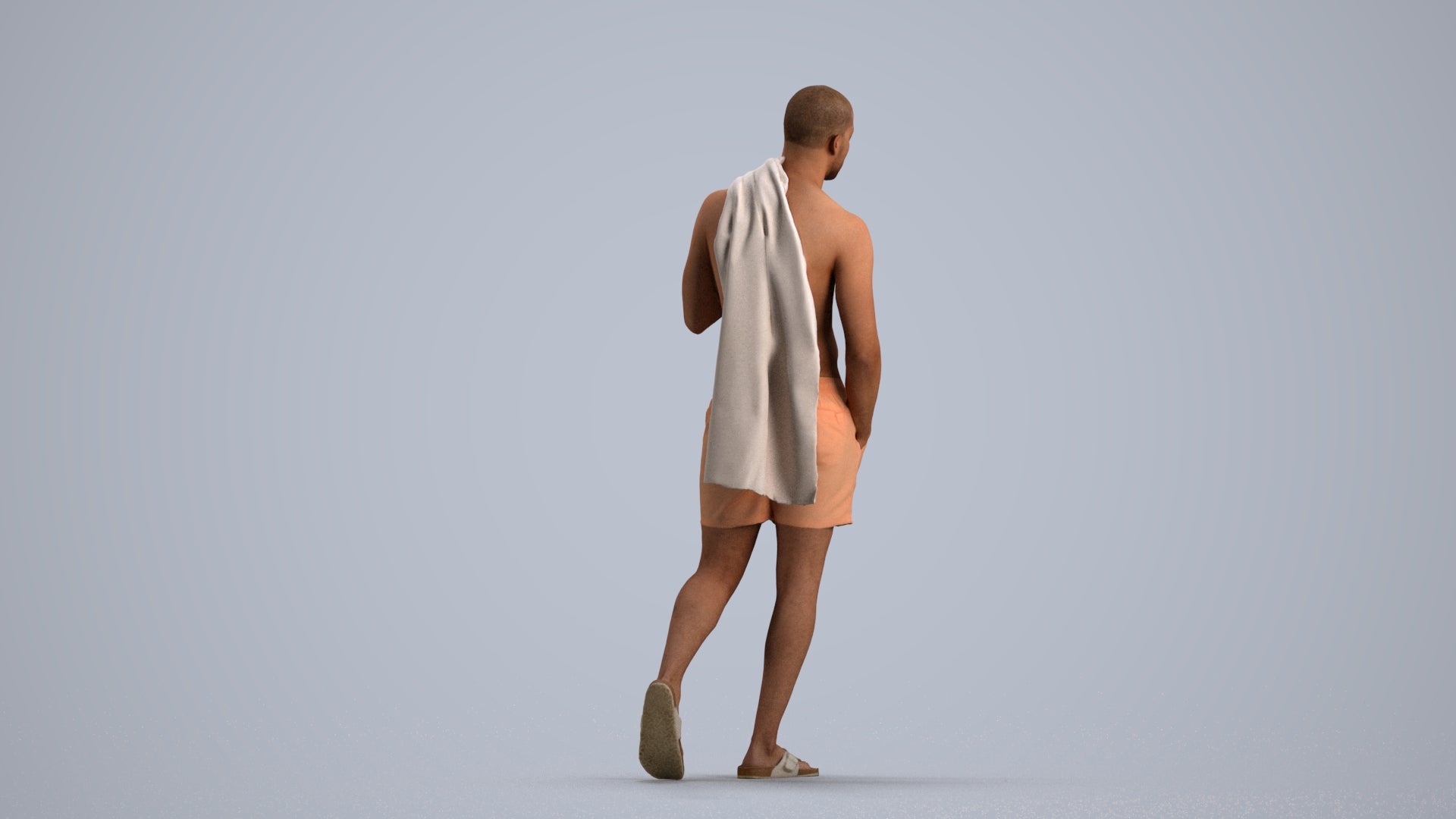 3D human model man pool, photogrammetry scanned person for archviz, front view render