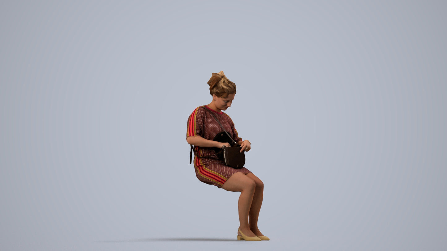 3D scanned woman sitting casual, photorealistic archviz people for Enscape and SketchUp, side view render
