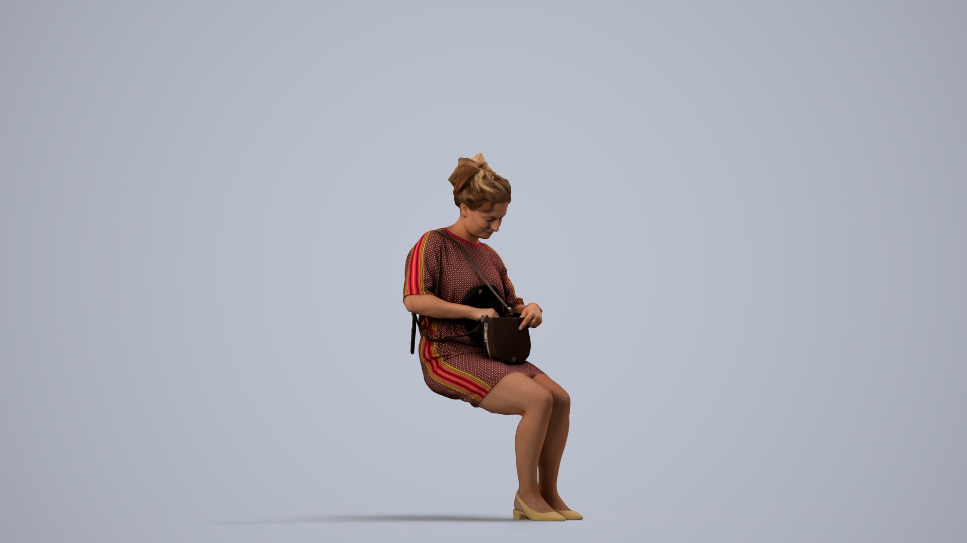 3D scanned woman sitting casual, photorealistic archviz people for Enscape and SketchUp, side view render