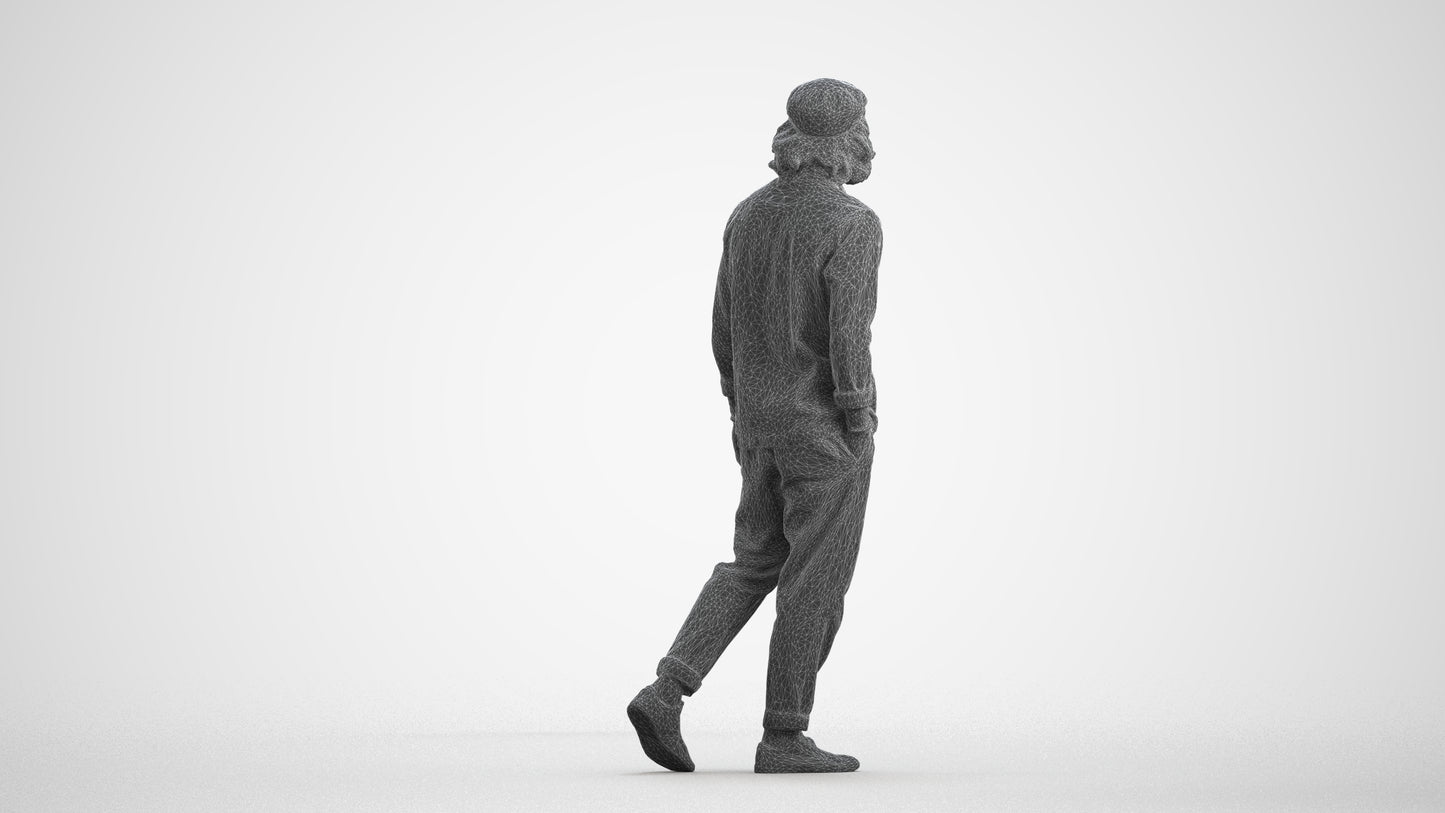 3D human model man casual walking, photogrammetry scanned person for archviz, wireframe front view