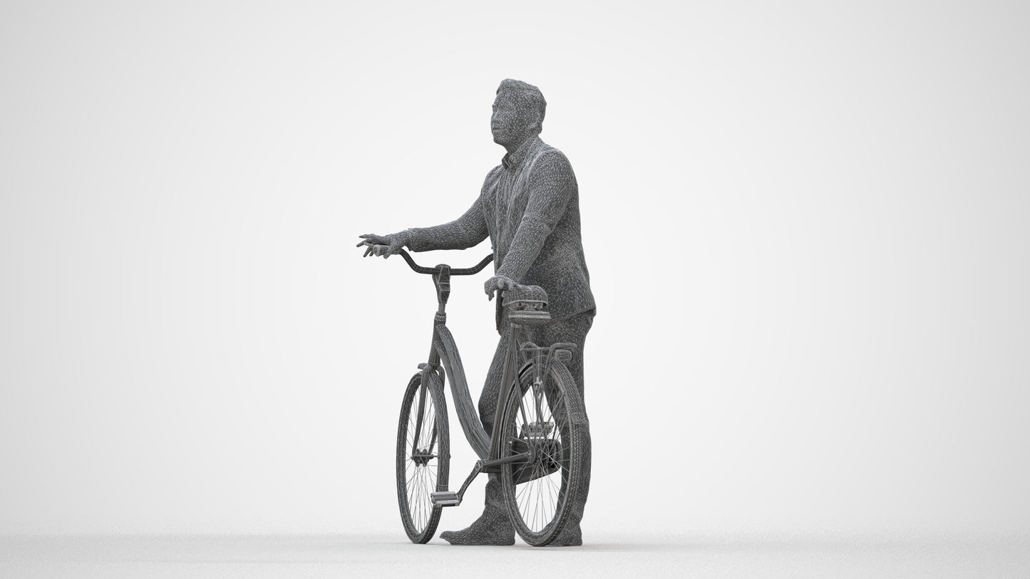 photogrammetry 3D man business cycling, realistic human model archviz FBX, wireframe back view