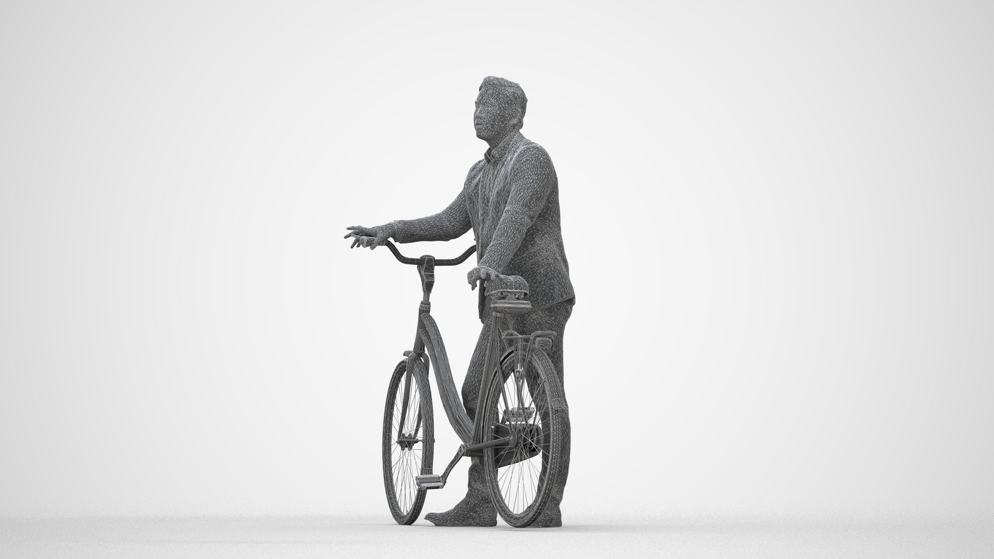 photogrammetry 3D man business cycling, realistic human model archviz FBX, wireframe back view