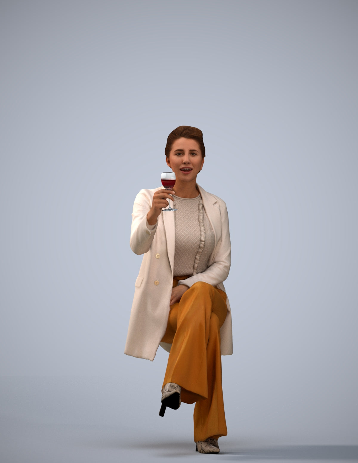 3D human model woman business sitting, photogrammetry scanned person for archviz
