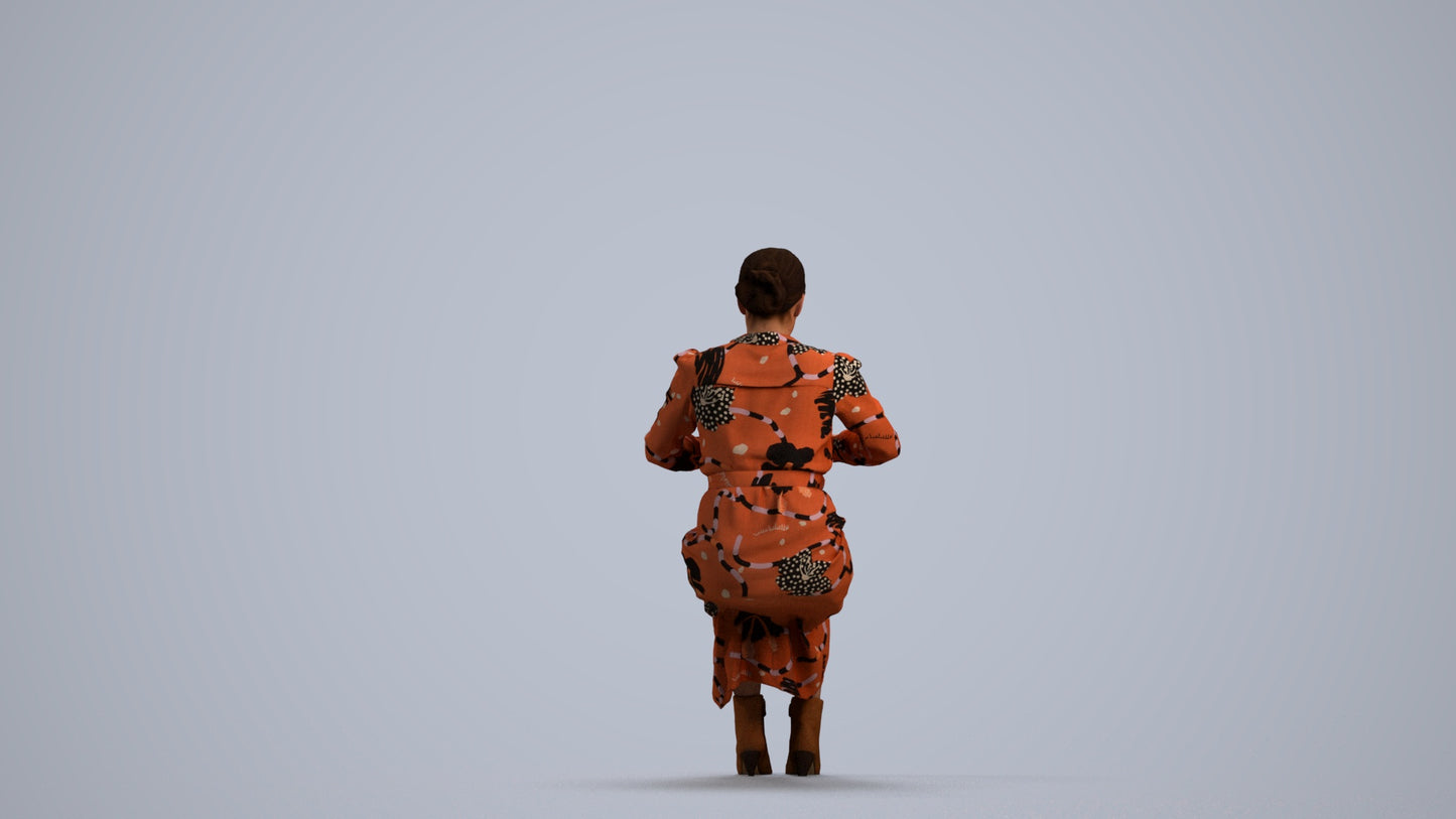 3D human model woman casual sitting, photogrammetry scanned person for archviz, front view render