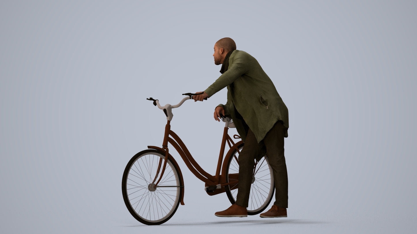 photogrammetry 3D man casual cycling, realistic human model archviz FBX, three-quarter view render