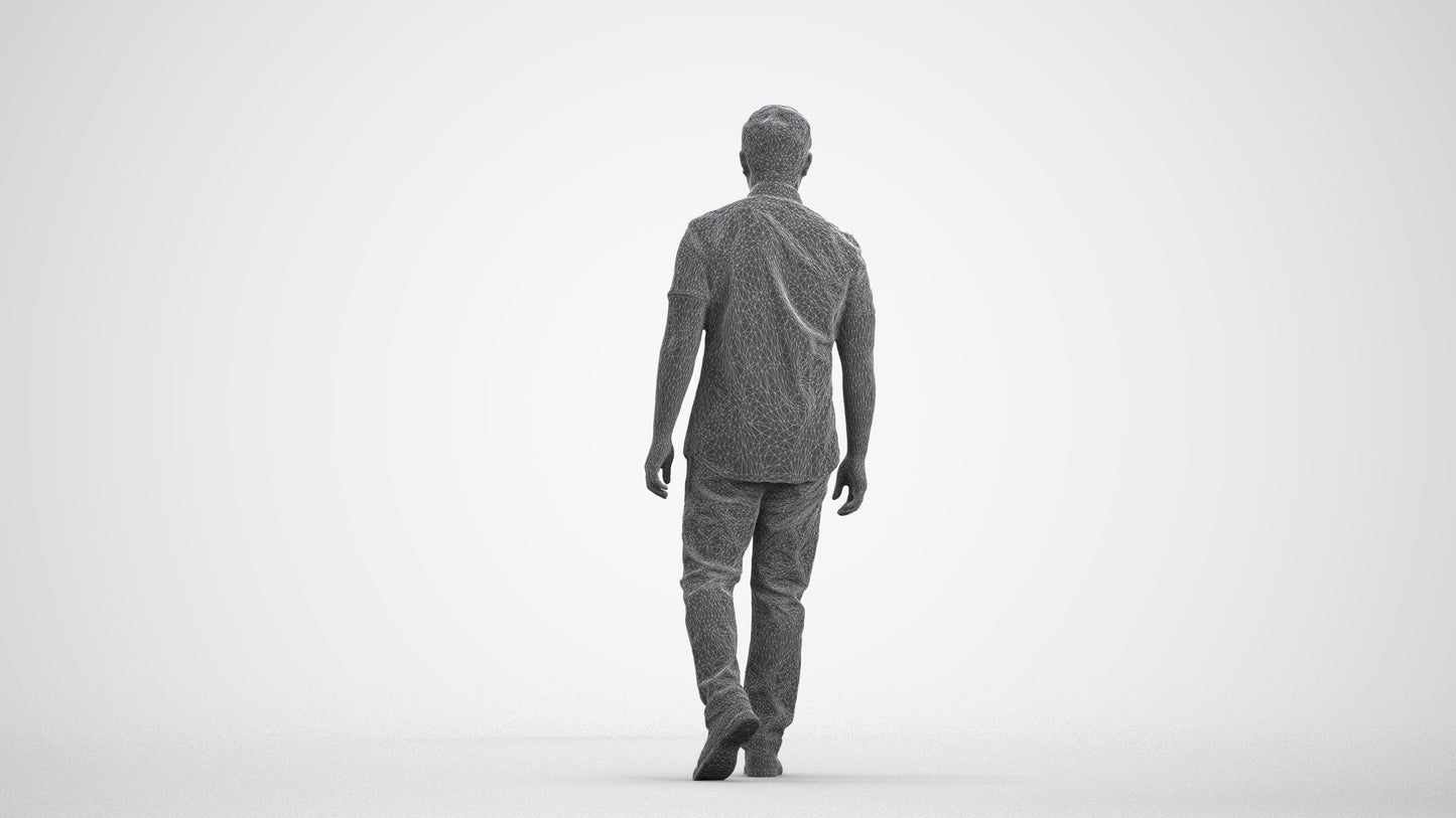 scanned 3D man casual walking, photogrammetry people for Enscape and V-Ray, wireframe front view