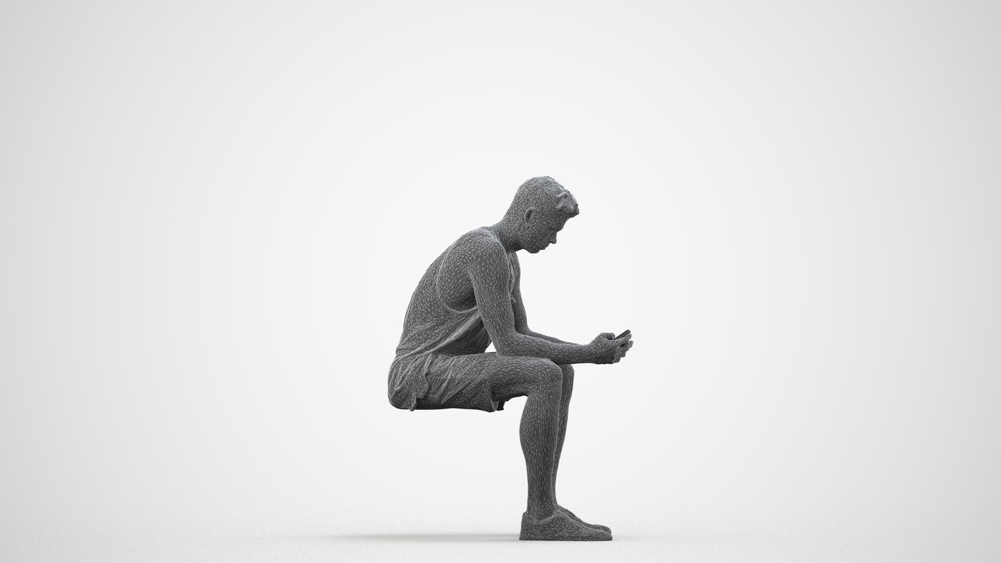 3D people model man casual sitting, scanned human for 3ds Max rendering, wireframe side view