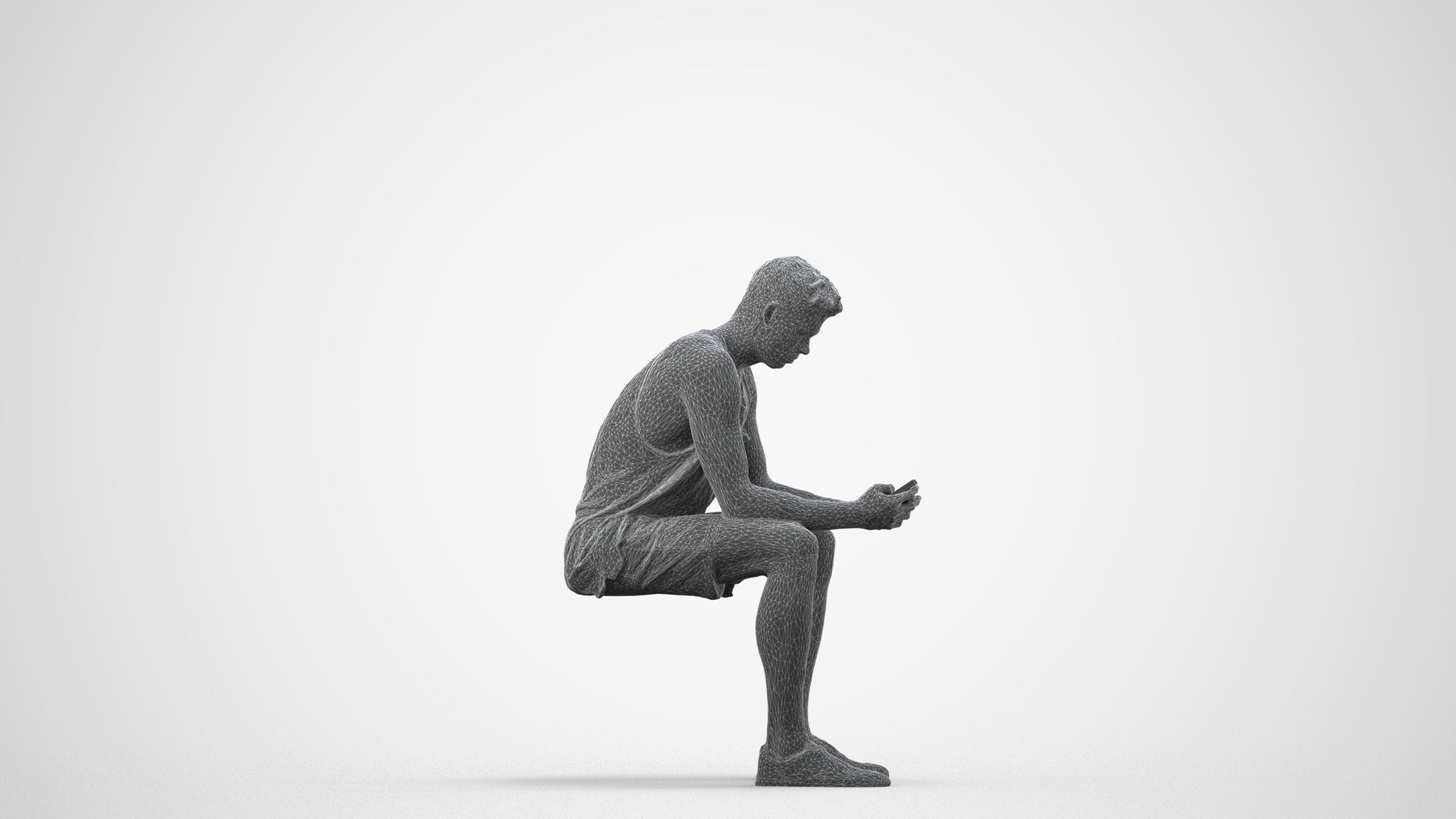 3D people model man casual sitting, scanned human for 3ds Max rendering, wireframe side view