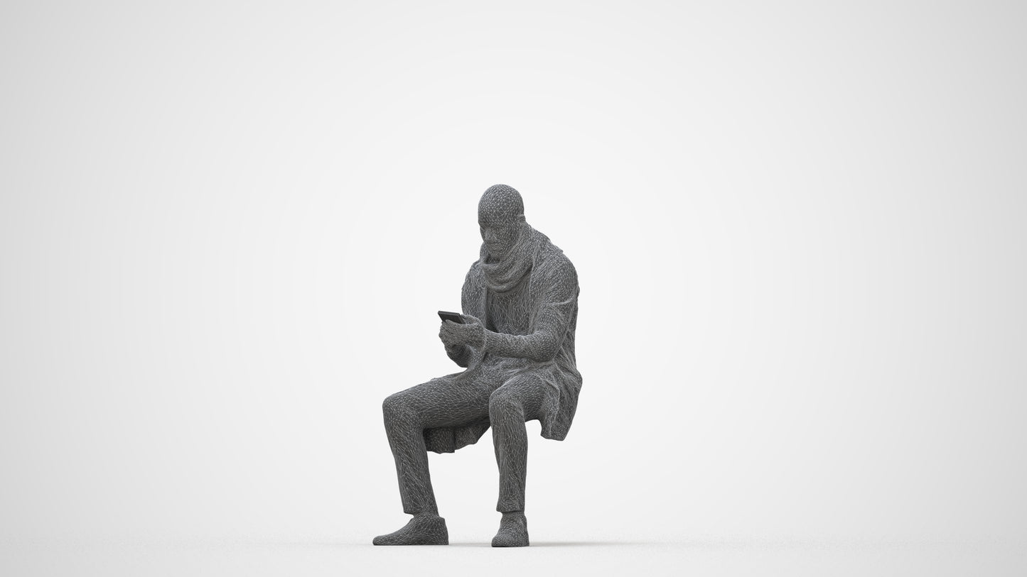 realistic 3D man casual sitting, scanned archviz people for Blender and 3ds Max, wireframe back view