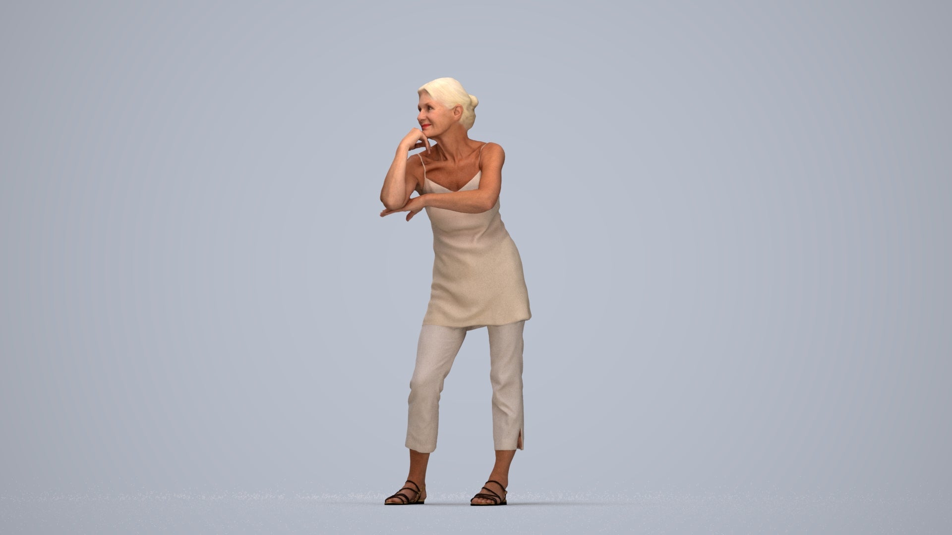 photogrammetry 3D senior woman casual standing, realistic human model archviz FBX, top-down view render