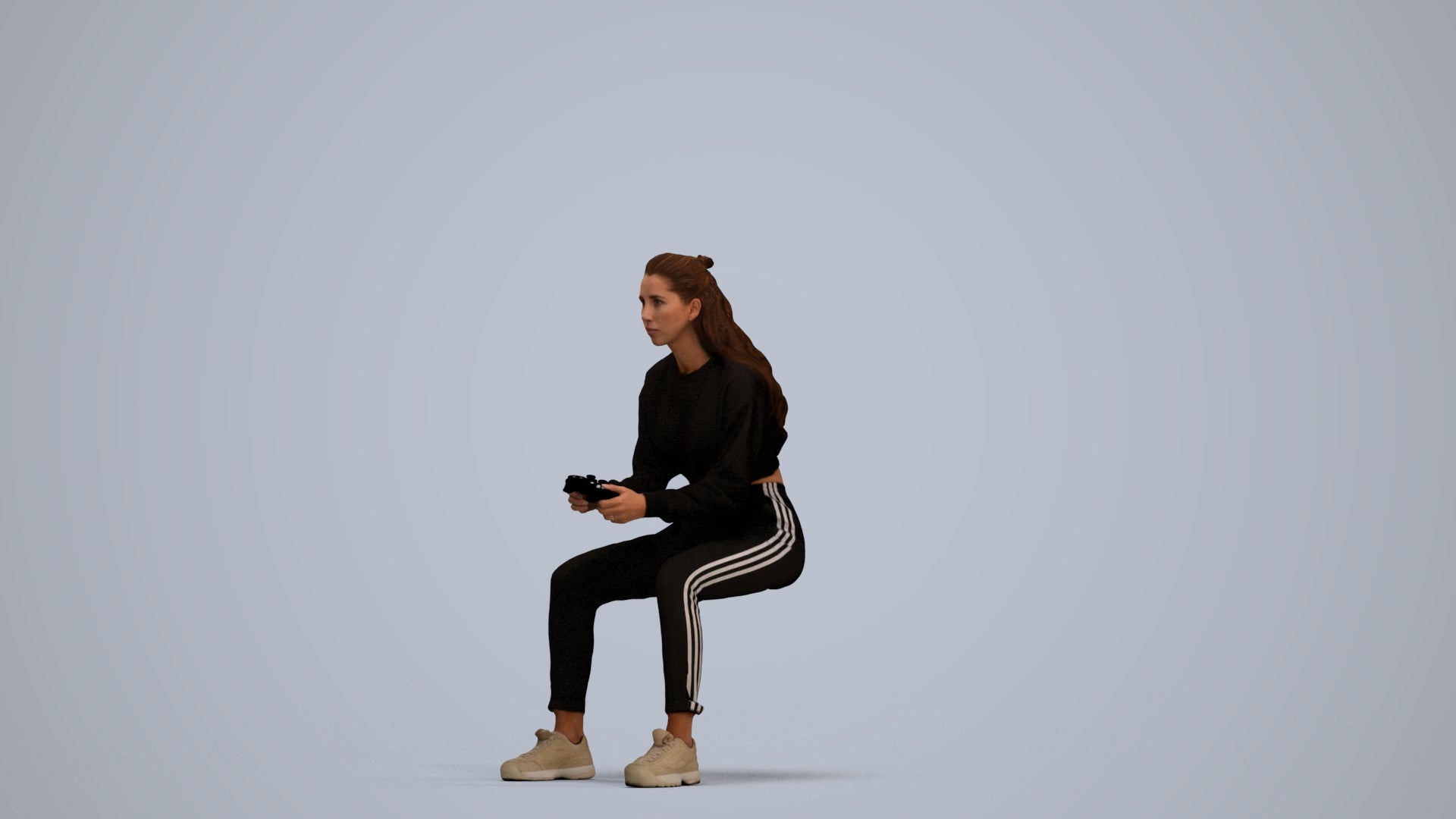 3D scanned woman sitting, photorealistic archviz people for Enscape and SketchUp, standing pose render