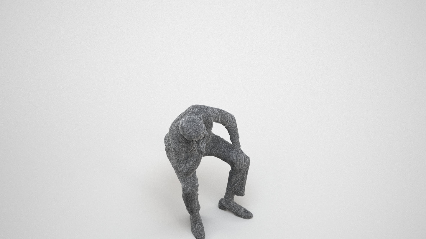 3D scanned man sitting casual, photorealistic archviz people for Enscape and SketchUp, wireframe three-quarter view