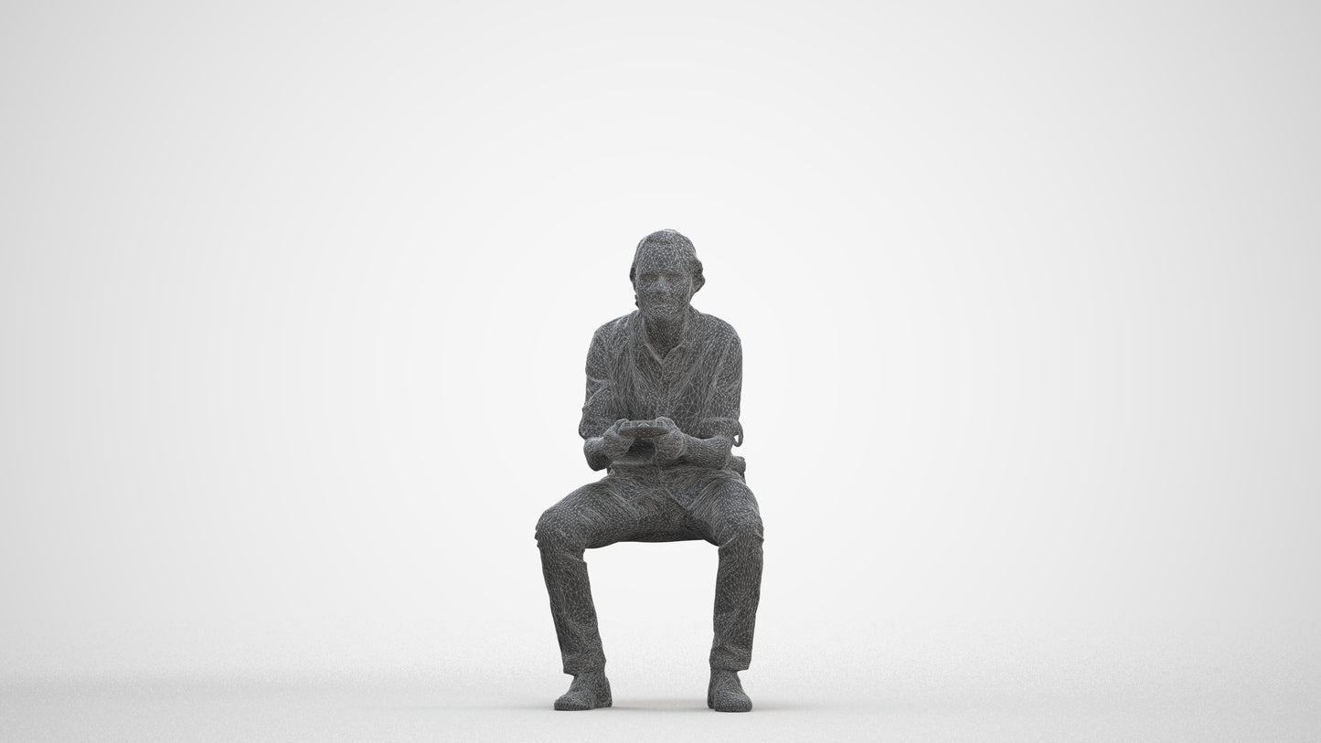 photogrammetry 3D man casual sitting, realistic human model archviz FBX, three-quarter front view render