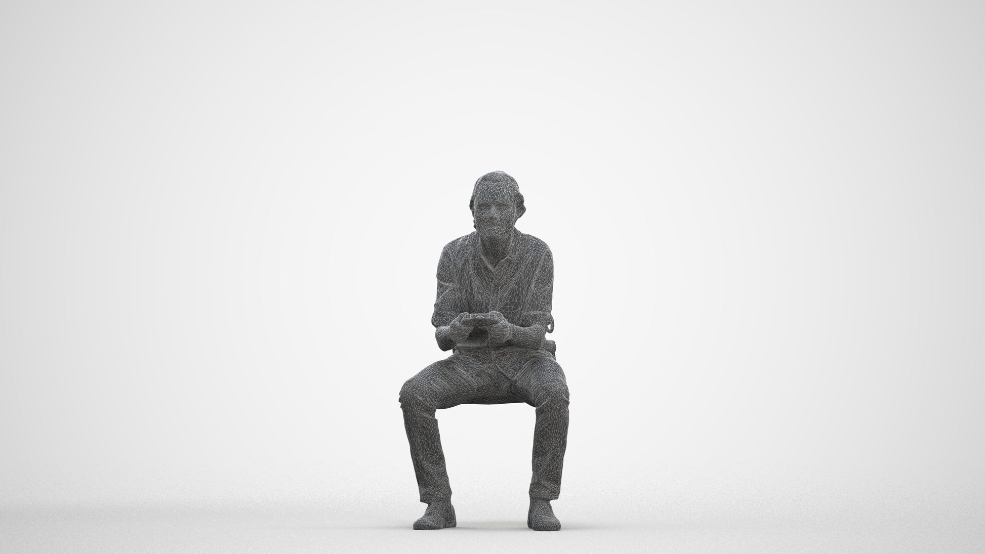 photogrammetry 3D man casual sitting, realistic human model archviz FBX, three-quarter front view render