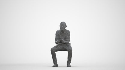 photogrammetry 3D man casual sitting, realistic human model archviz FBX, three-quarter front view render