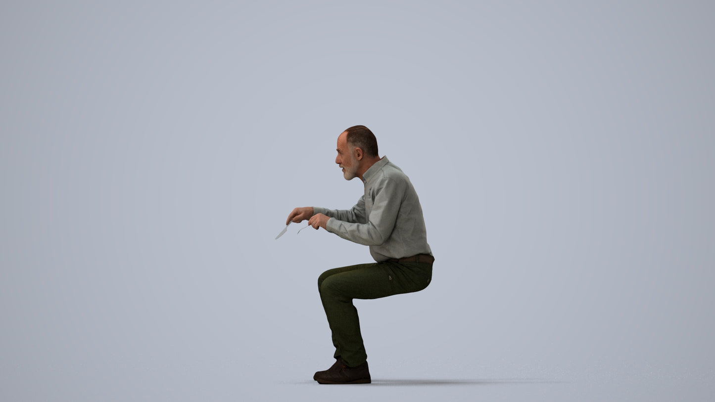 3D human model senior man casual sitting, photogrammetry scanned person for archviz, three-quarter view render