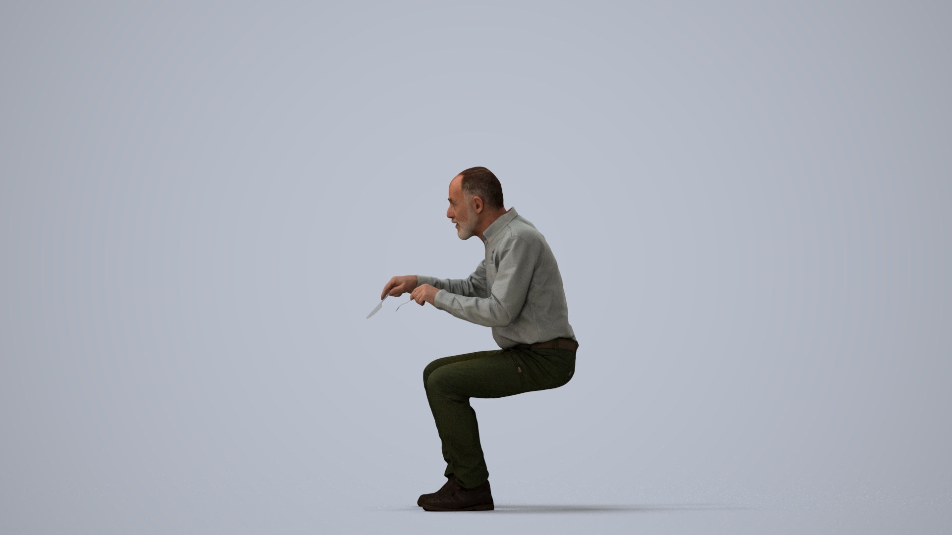3D human model senior man casual sitting, photogrammetry scanned person for archviz, three-quarter view render