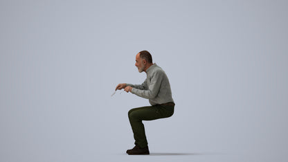 3D human model senior man casual sitting, photogrammetry scanned person for archviz, three-quarter view render